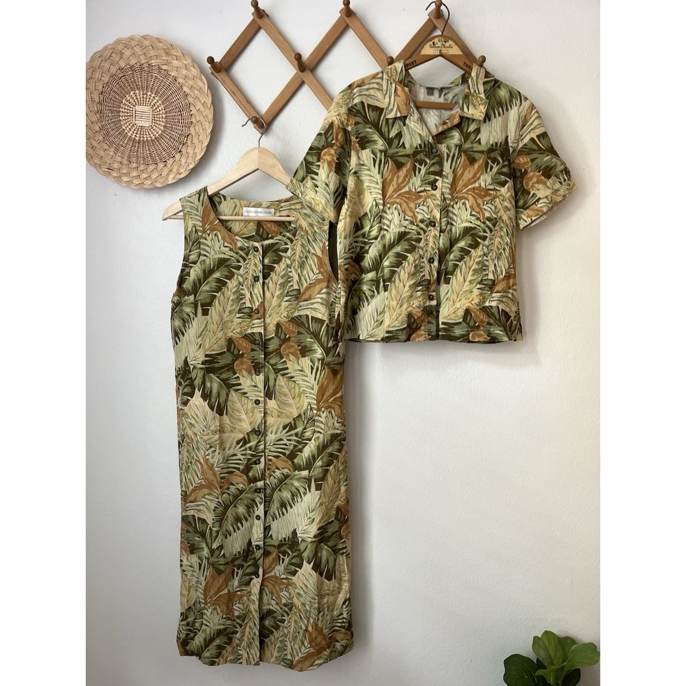 Valerie Stevens Vtg 90s Palm Leaf Dress and Jacket Set Green Tan L/XL Petites